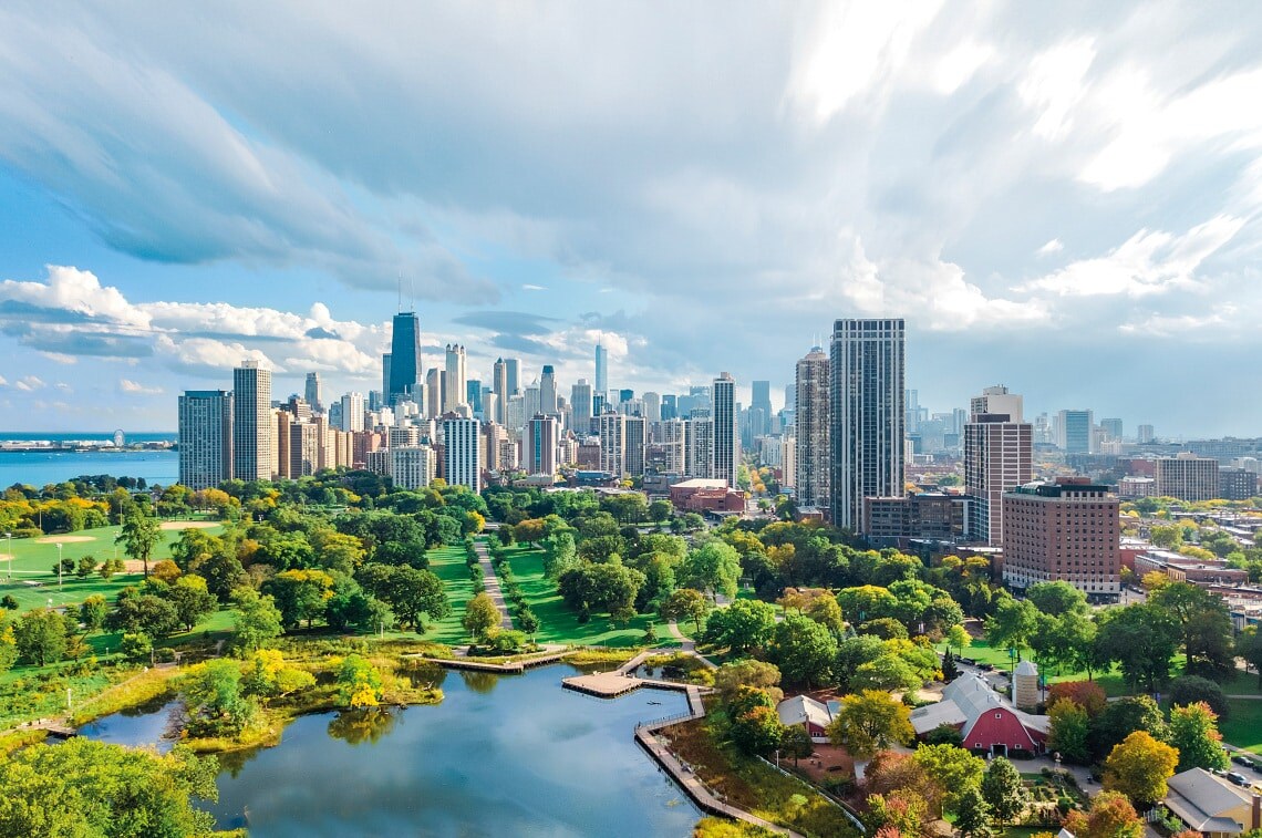 Chicago skyline aerial drone view from above, lake Michigan and city of Chicago downtown skyscrapers cityscape from Lincoln park, Illinois, USA