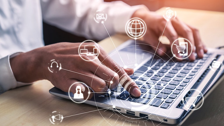 Omni channel technology of online retail business. Multichannel marketing on social media network platform offer service of internet payment channel, online retail shopping and omni digital app.