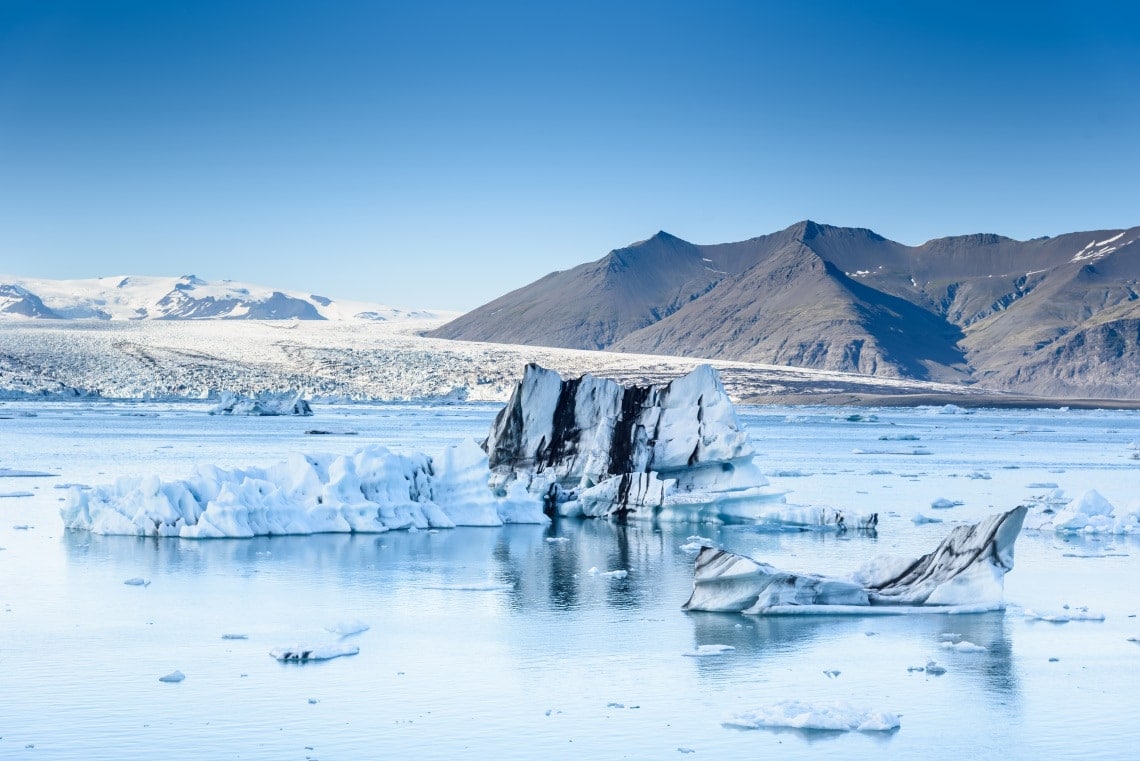 Beautiful view of icebergs in glacier lagoon, Iceland, selective focus, global warming and climate change concept