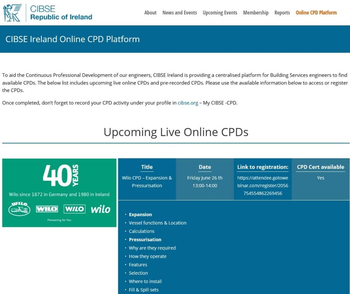 CIBSE Wilo Ireland webinar on 26/06/2020
