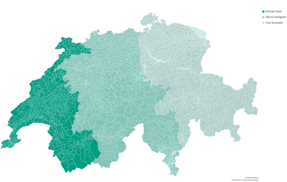 Schweizer Landkarte - Verkaufsgebietsaufteilung Water Management