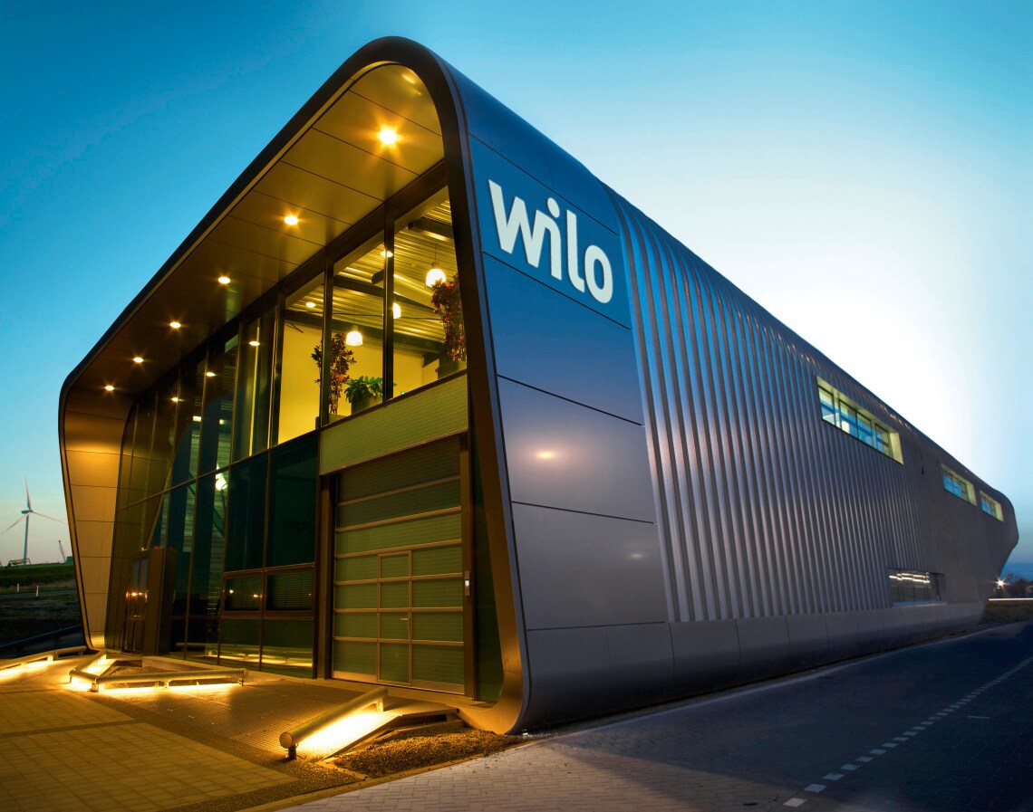 Wilo building in Zaanstad (Netherlands) at night