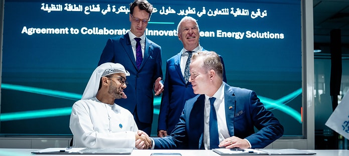 HusainAl Meer, Director Global Offshore Wind & UK bei Masdar, Hendrik Wüst,Ministerpräsident des Landes Nordrhein-Westfalen, Jens Dallendörfer, RegionalCEO von Wilo AMEA, und Oliver Hermes, Vorstandsvorsitzender & CEO der WiloGruppe.