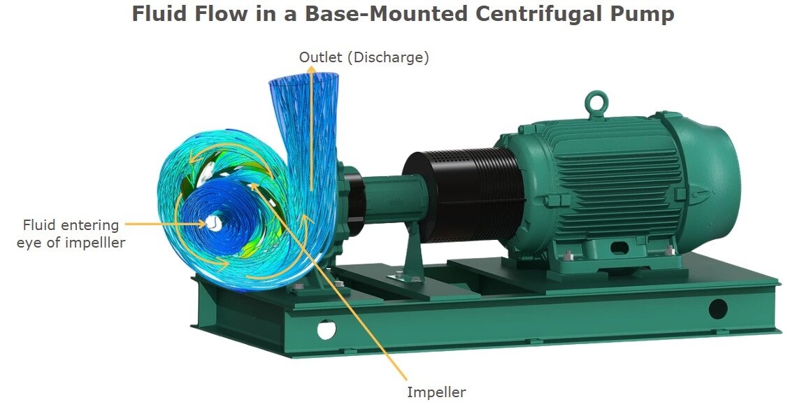 fluid flow in a base-mounted centrifugal pump