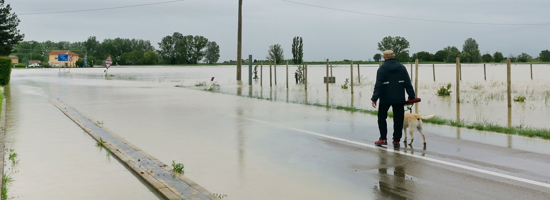 A man walking with his dog on a street during a flood disaster. a-flood-disaster-illustrating-ecological-decoupling