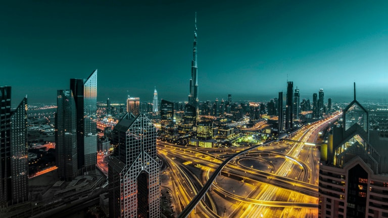 Dubai financial district at night, UAE.