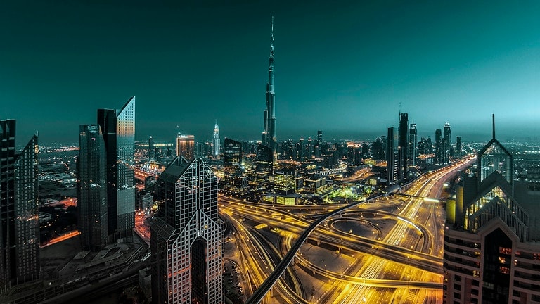 Dubai financial district at night, UAE.