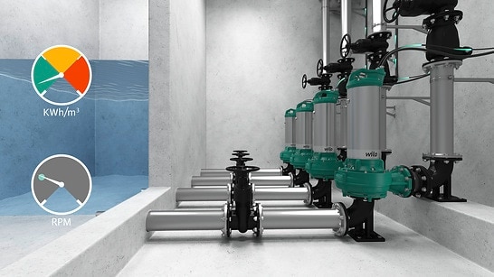 Pumpstation mit Wilo-Rexa SOLID-Q - laufender Betrieb - Intelligente Energieeffizienzoptimierung