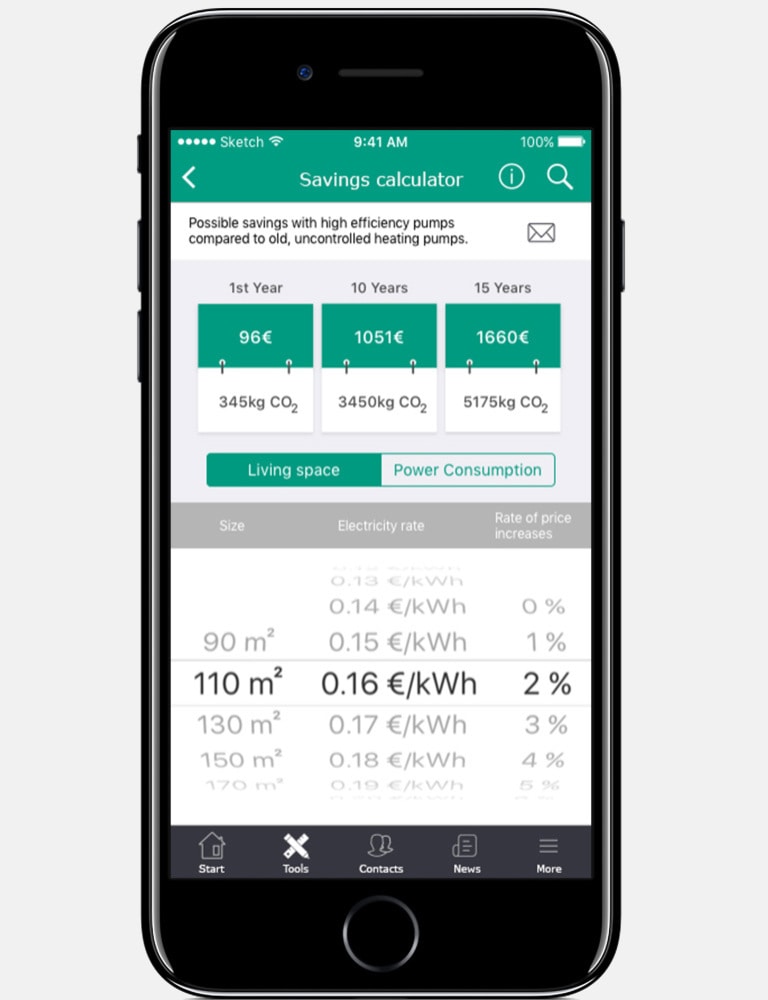 Smart phone display with savings calculator of Wilo-Assistant