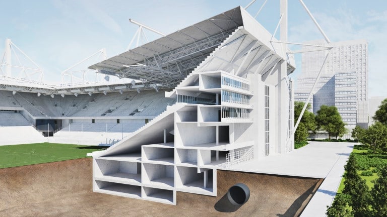 Stadium - tribune without products - two basements, pitch and canalisation