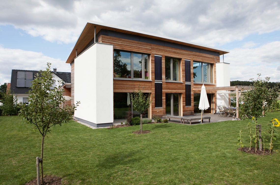 One-family house in Bavaria, Nuremberg. View of modern house with garden.