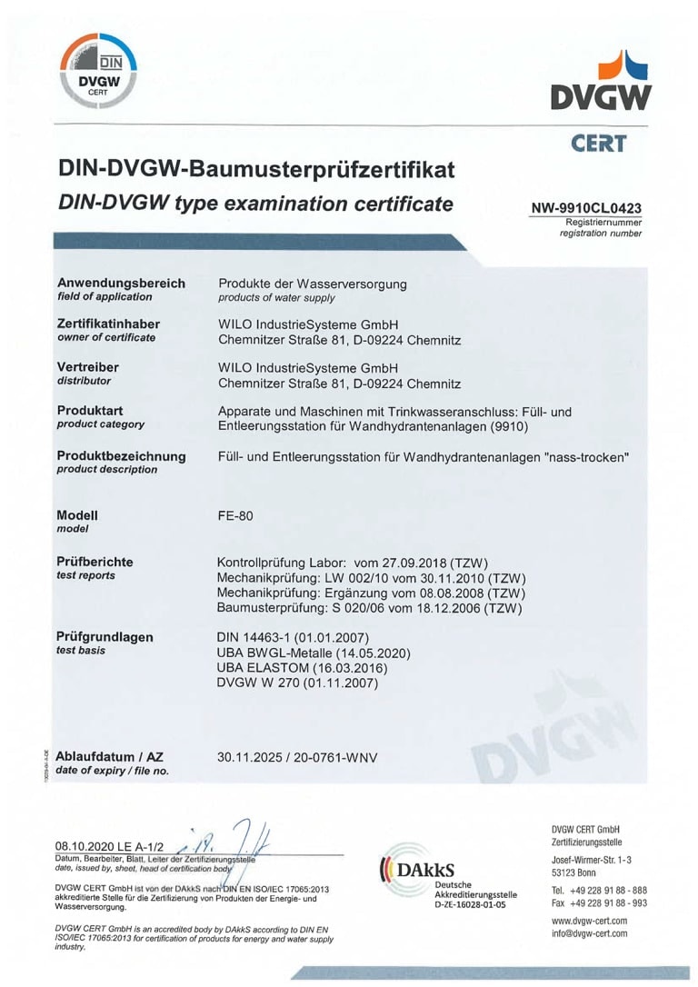 DIN-DVGW-Baumusterzertifikat Füll- und Entleerungsstation FE-80