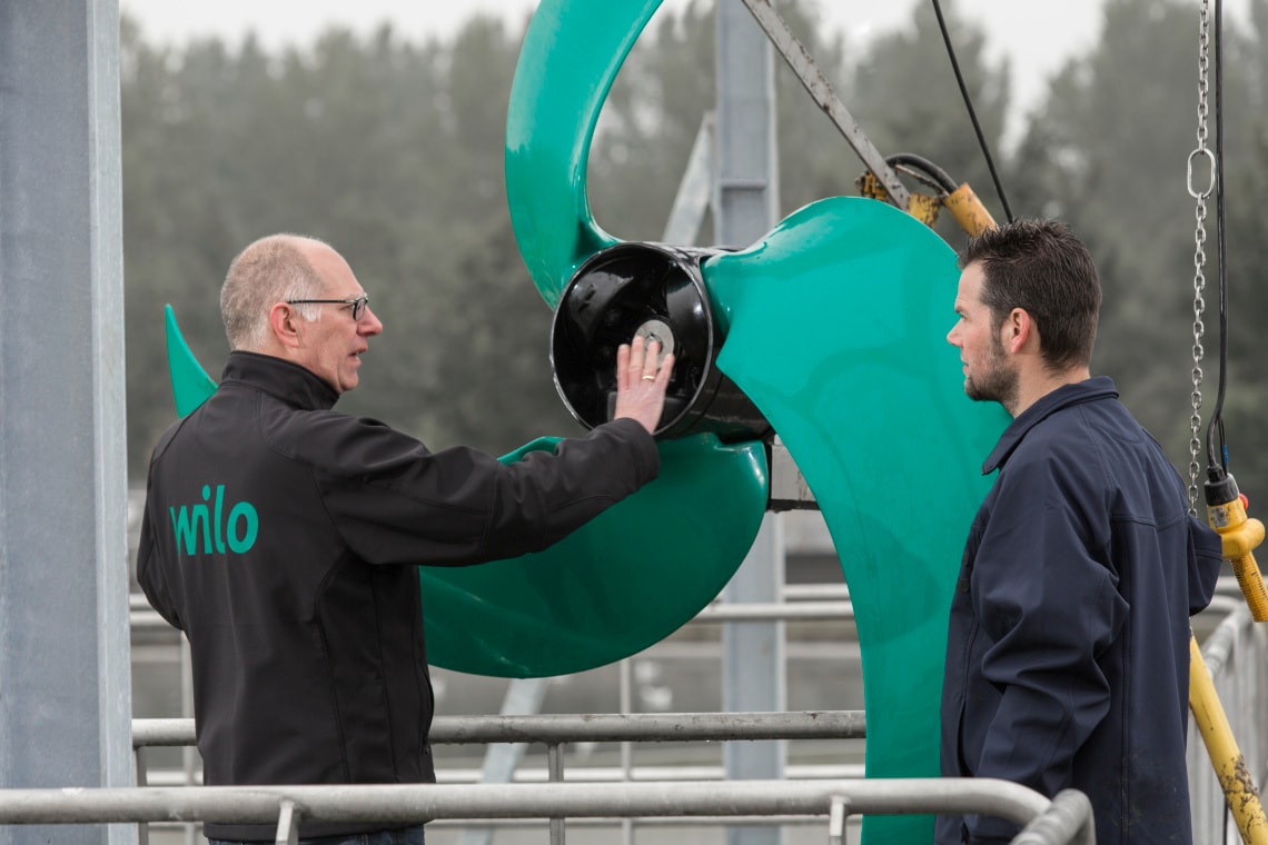 Operator Bart van der Stoep and Wilo employee Ron Uijlenbroek at the sewage treatment plant Almere in front of a submersible mixer Wilo-EMU TR321