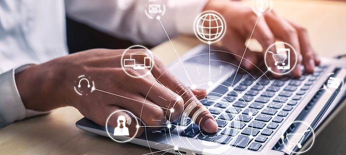 Omni channel technology of online retail business. Multichannel marketing on social media network platform offer service of internet payment channel, online retail shopping and omni digital app.