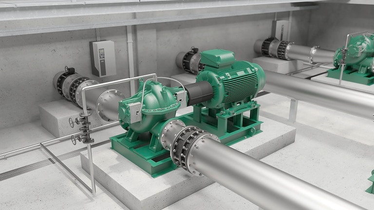 Wilo-Atmos TERA-SCH eingebaut in eine Pumpstation eines Wasserverteilungsnetzwerkes - Nahaufnahme einer einzelnen Pumpe