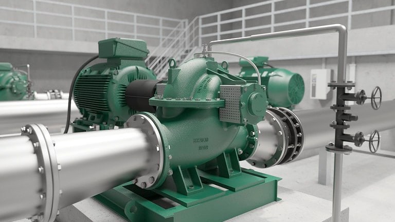 Wilo-Atmos TERA-SCH eingebaut in einer Pumpstation eines Wasserverteilungsnetzwerkes- Close up Hydraulik