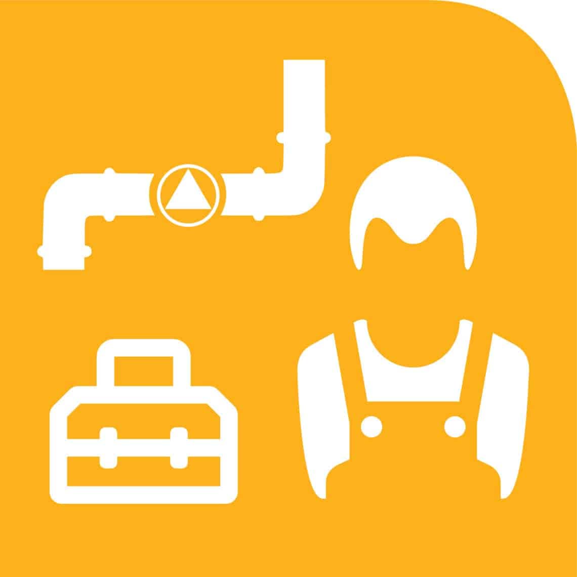 Rohrleitung, Werkzeugkoffer und Techniker/Berater auf orangem Hintergrund