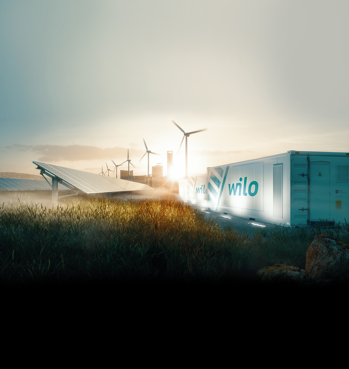 Smart grid renewable energy system solution for future smart cities at sunset. 3d rendering