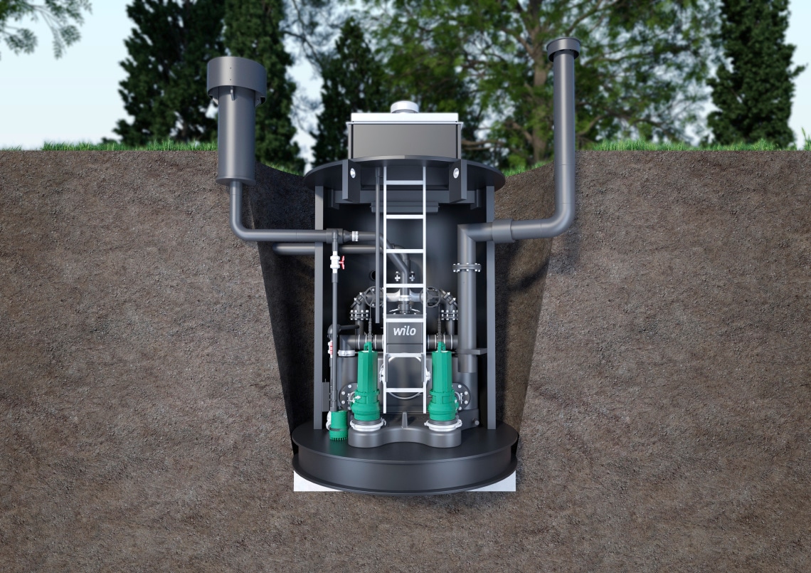 Wilo-EMUport CORE eingebaut in einer neuen Pumpstation aus PE and PUR, komplette Neuinstallation - Querschnitt, hygienische Trockenaufstellung