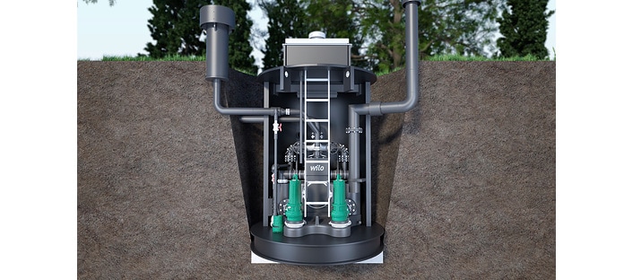 Wilo-EMUport CORE eingebaut in einer neuen Pumpstation aus PE and PUR, komplette Neuinstallation - Querschnitt, hygienische Trockenaufstellung