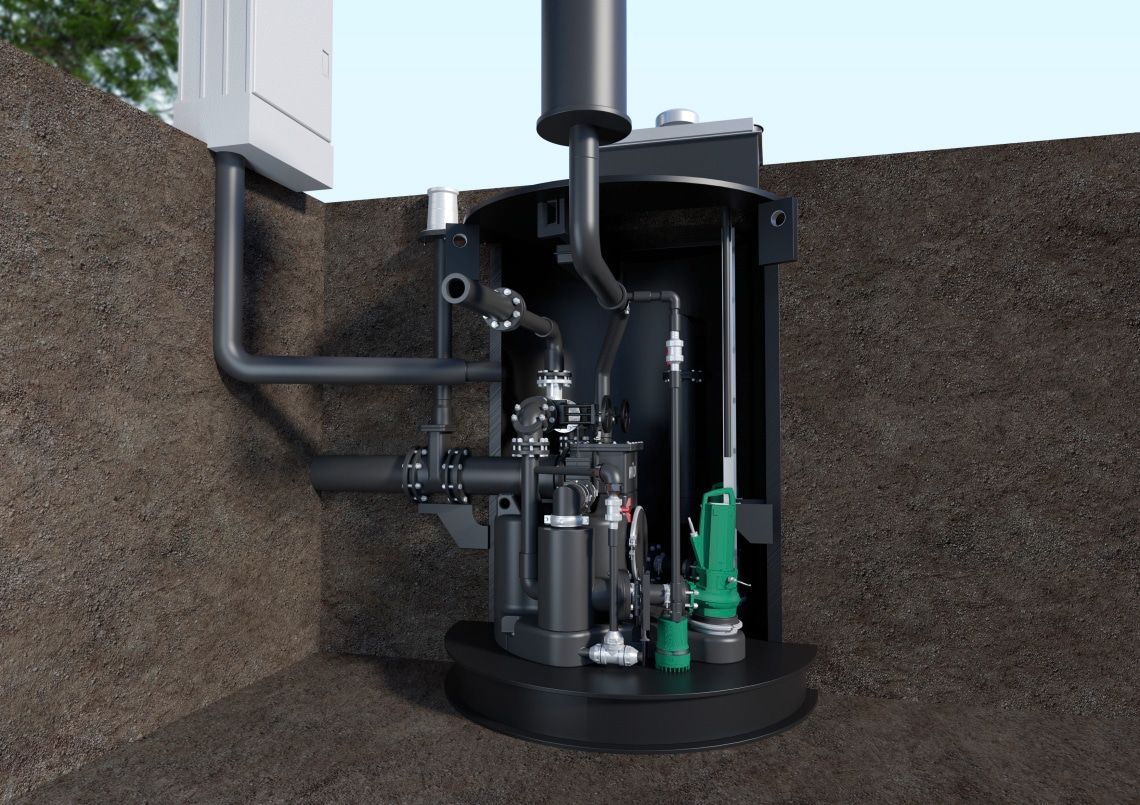 Wilo-EMUport CORE installed in a new pumping station, Querschnitt, Installation des Schaltkastens, Verrohrung sichtbar, Plug & Pump Lösung