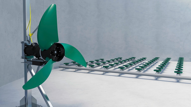 Wilo-EMU TRE316 and Wilo-Sevio AIR D disc diffuser installed in round tank for biological treatment - aeration field view