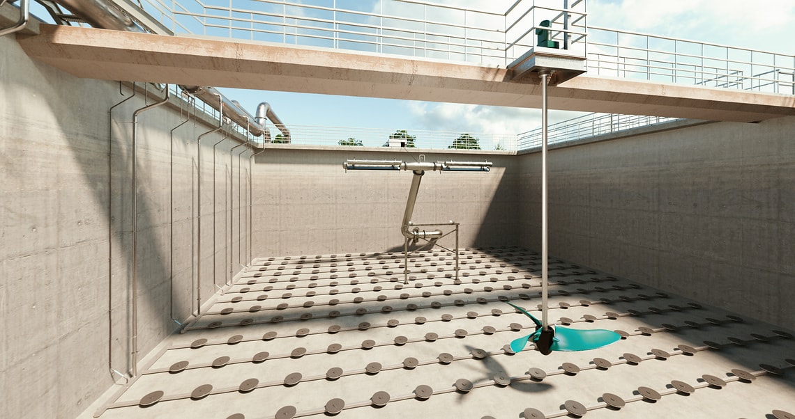 Kläranlage mit sequentieller biologischer Reinigung (SBR) in Wilo-World - Empty basin SBR Reaktor - Innenansicht - Wilo-Vardo WEEDLESS-F - Wilo-Sevio ELASTOX-D 12 - Wilo-Savus OPTI-DECA