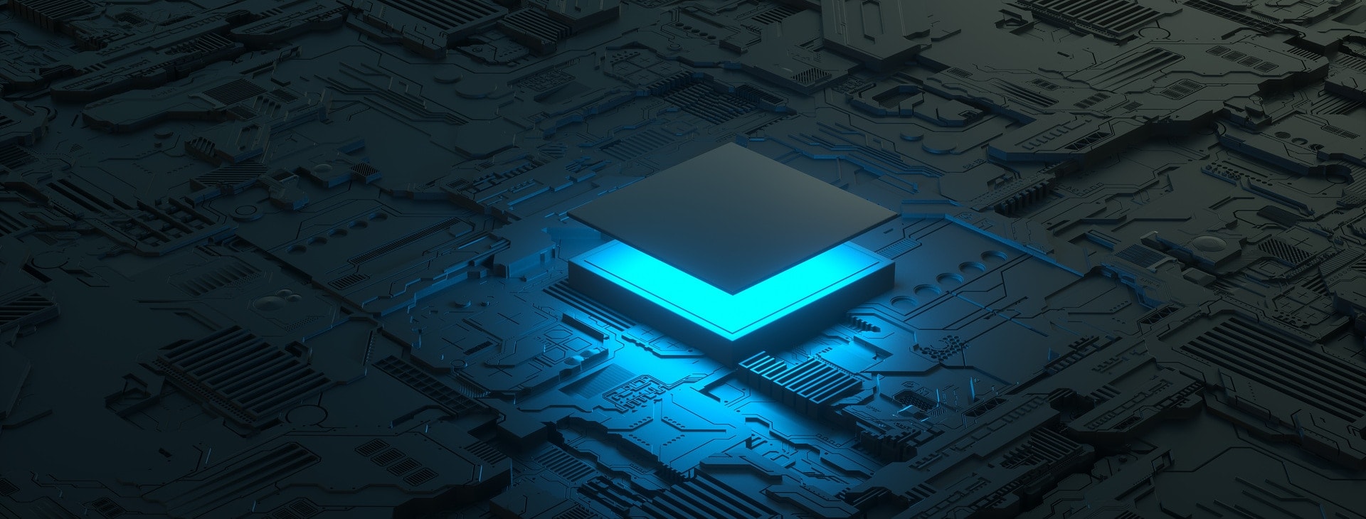 CPU chip on Motherboard - abstract 3D render of a processor computer chip with blue light