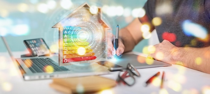Graphic designer on blurred background using 3D rendering energy rating chart in a wooden house