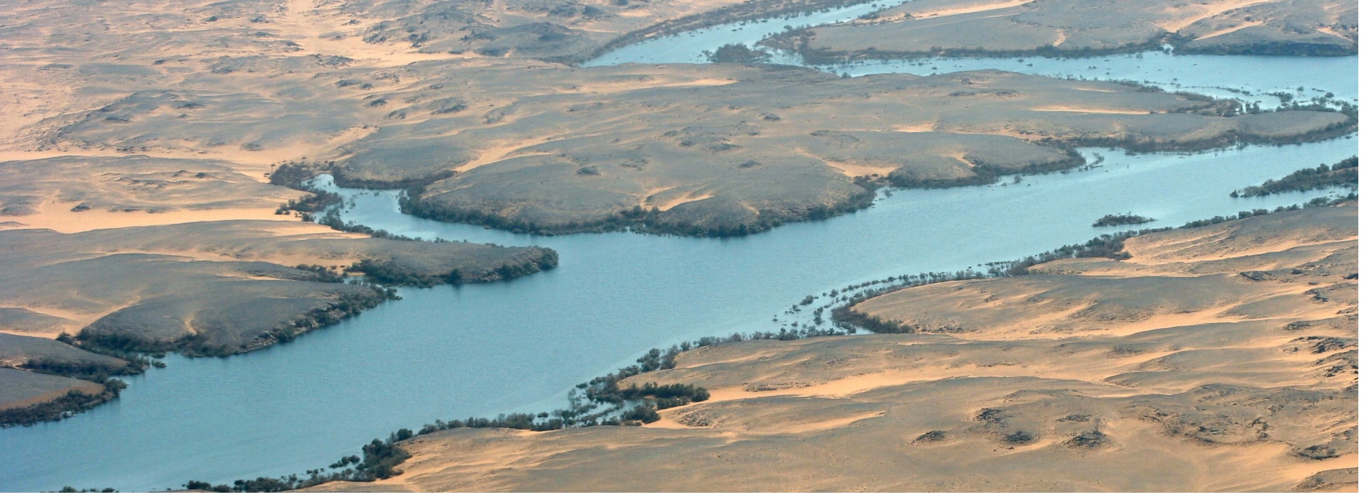 Aerial view of the desert and shore line of Lake Nasser, Egypt.