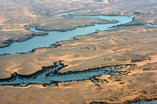 Aerial view of the desert and shore line of Lake Nasser, Egypt.