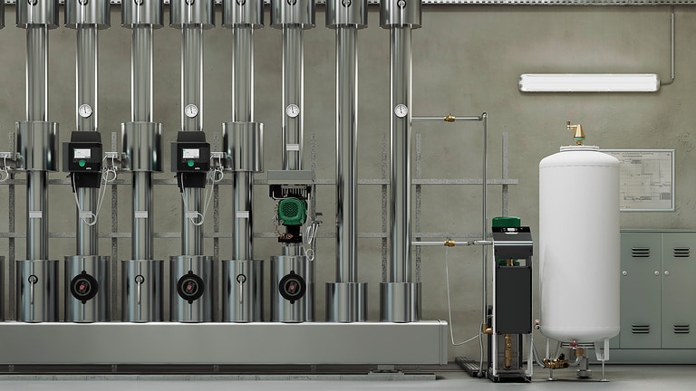 Wilo-Stratos MAXO, Wilo-Stratos GIGA2.0-I & Wilo-Sinum MONO in heating room in a Mixed-use building - Wilo Magazin cover