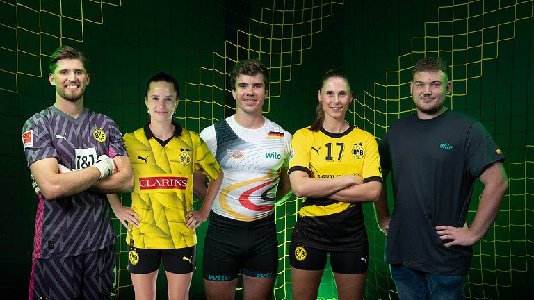 Gregor Kobel (Borussia Dortmund), Torben Johannesen (Deutschland-Achter), Alicia Stolle (BVB-Handball-Damen), Leon Riecker (Wilo Ausbildung)