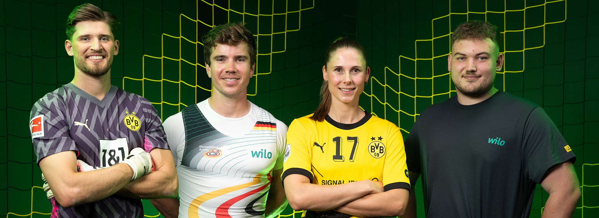 Gregor Kobel (Borussia Dortmund), Torben Johannesen (Deutschland-Achter), Alicia Stolle (BVB-Handball-Damen), Leon Riecker (Wilo Ausbildung)