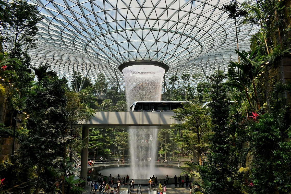 Gardens by the Bay inside view: water falls from the roof into the well.