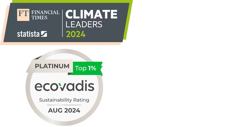 Auszeichnungen und der Beweis für die Nachhaltigkeit von Wilo: FT Climate 2024 Logo mit Ecovadis 2023 Platinum Logo