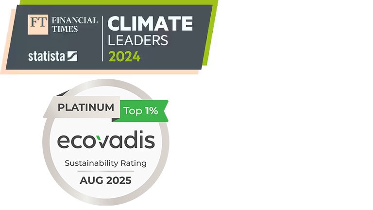 Auszeichnungen und der Beweis für die Nachhaltigkeit von Wilo: FT Climate 2024 Logo mit Ecovadis 2023 Platinum Logo