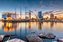 Milwaukee, Wisconsin, USA downtown city skyline on Lake Michigan at twilight.