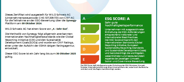 WILO Schweiz AG erhält zum zweiten Mal das Nachhaltigkeitszertifikat A von Synesgy