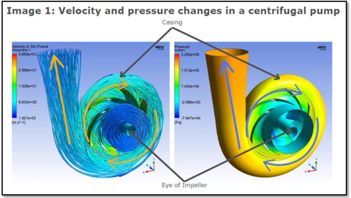 Velocity and pressure changes in a centrifugal pump