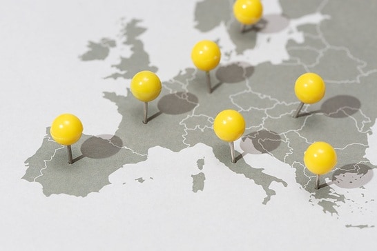 Yellow pins mark various locations on a detailed map of Europe.