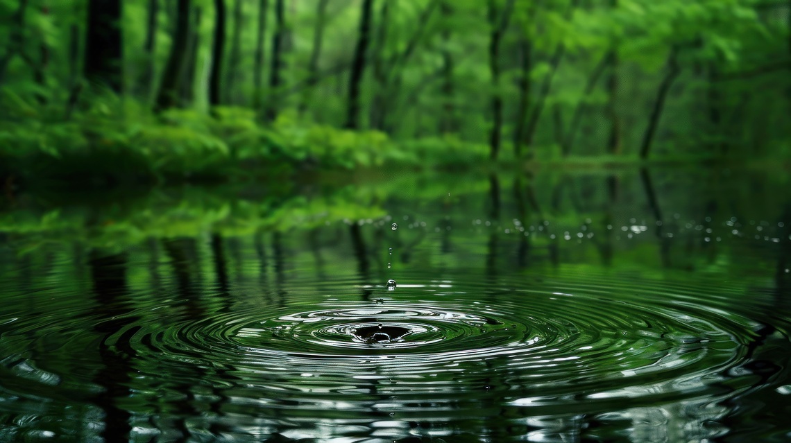 A single drop of water creates ripples in a still pond surrounded by lush greenery