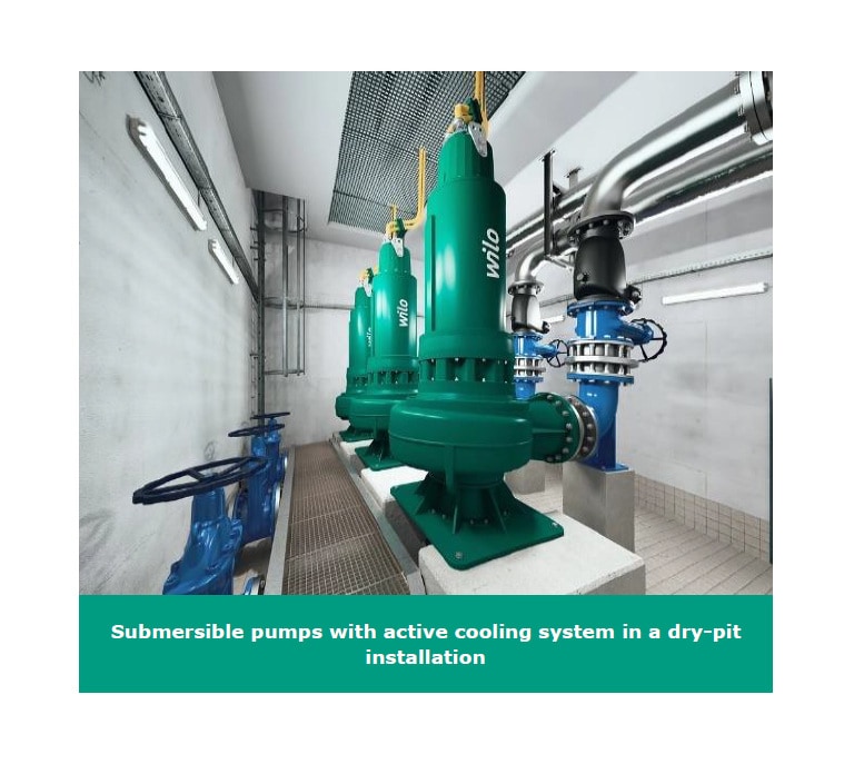 Submersible pumps with an active cooling system in a dry-pit installation