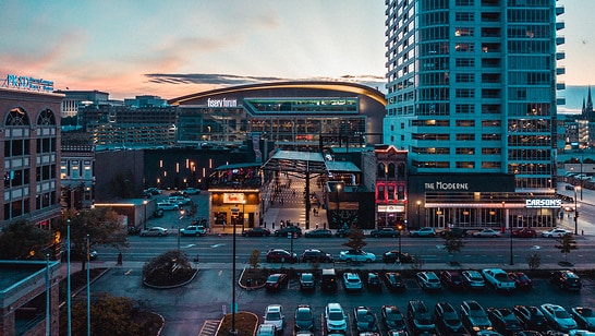 The Fiserv Forum nestled within the city of Milwaukee