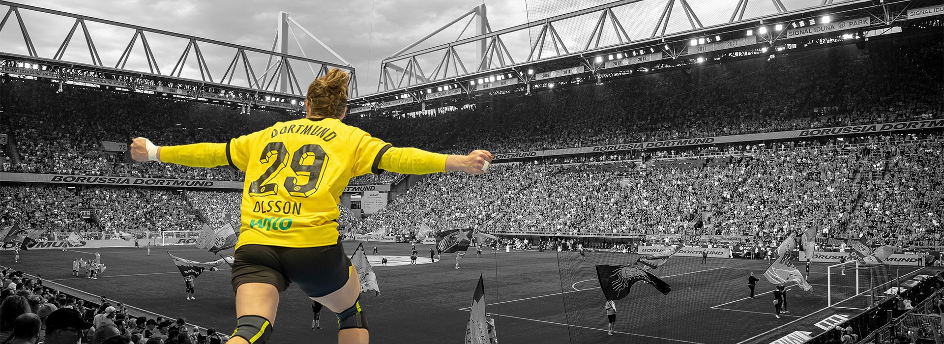 Emma Olsen celebrates in a collage in the Signal Iduna Park a higlight reference of Wilo