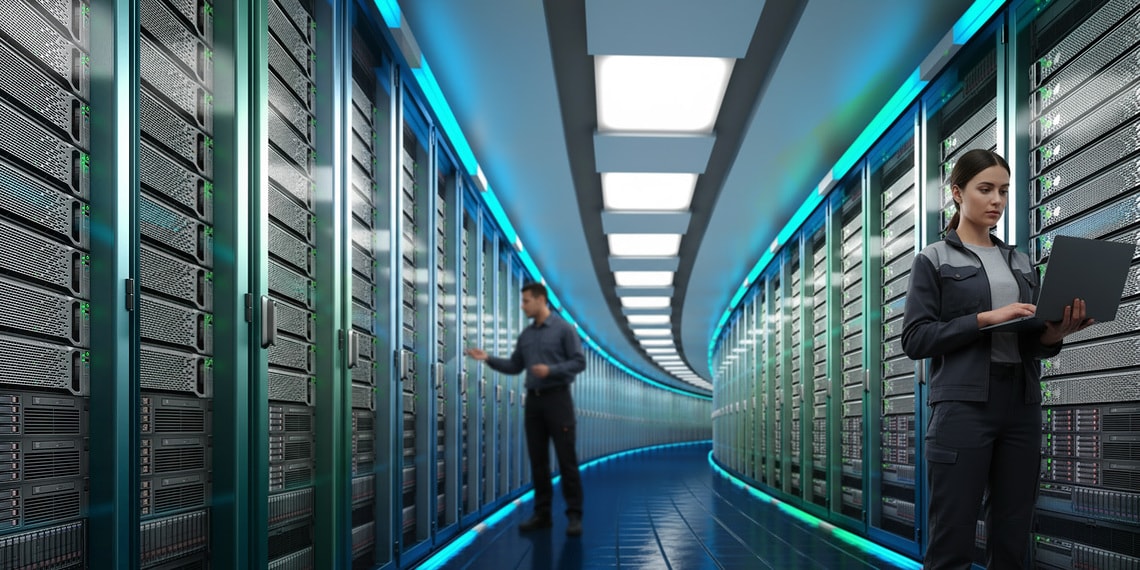 A look inside a data center: two technicians monitor the server racks and ensure operational security