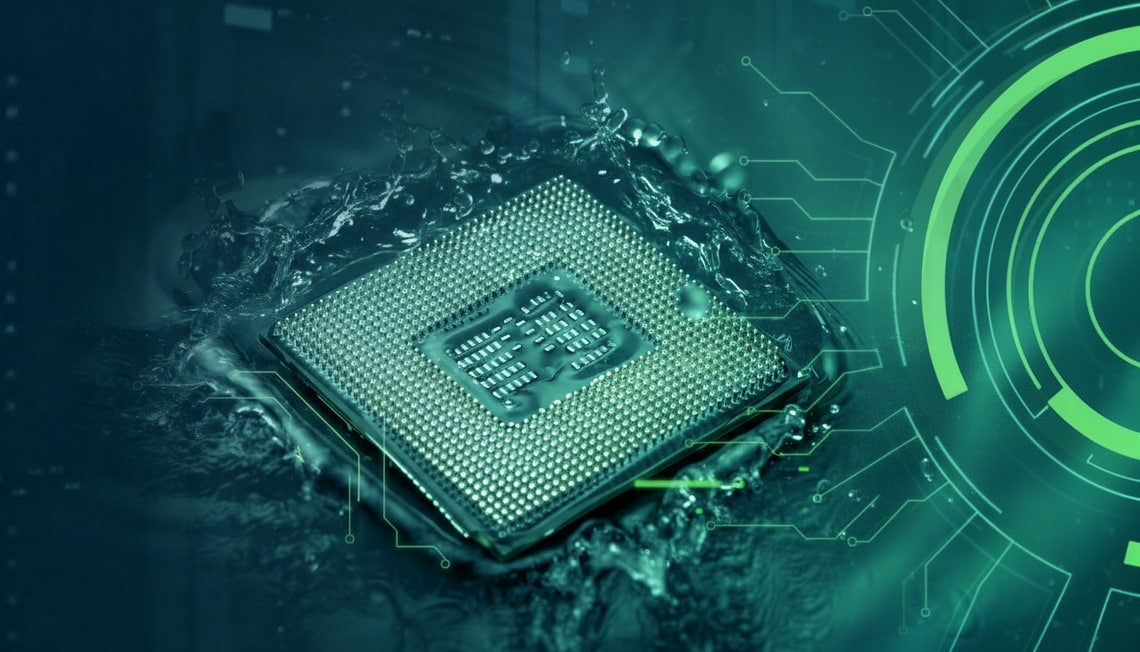 Symboliczne zobrazowanie chłodzenia cieczą: układ scalony zanurzony w płynie – metafora nowoczesnego, energooszczędnego i zrównoważonego chłodzenia w centrach danych przyszłości.