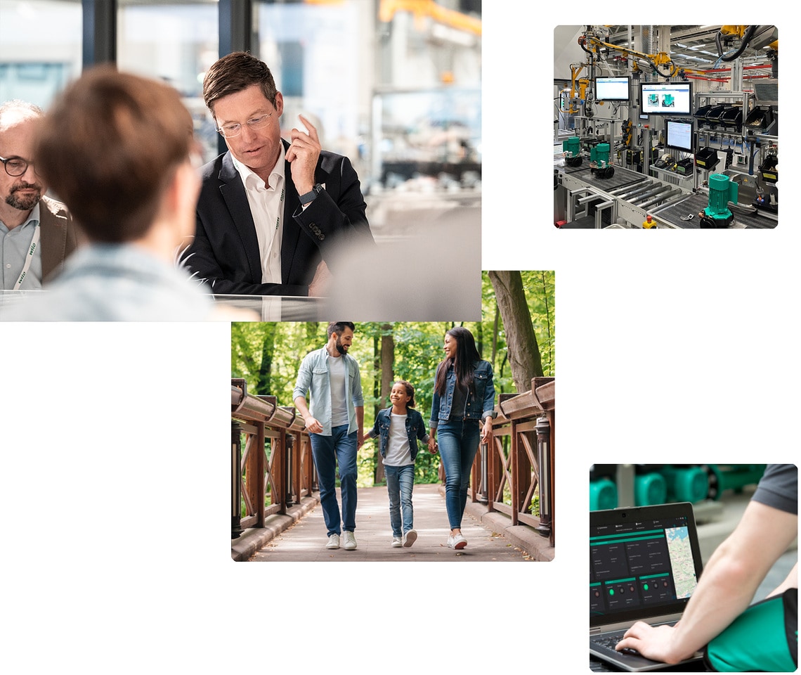Collage aus Familie, Natur, Produktionsanlage und digitalem Monitoring – Wilo sorgt für energieeffiziente und zuverlässige Industrieprozesse für eine bessere Zukunft.
