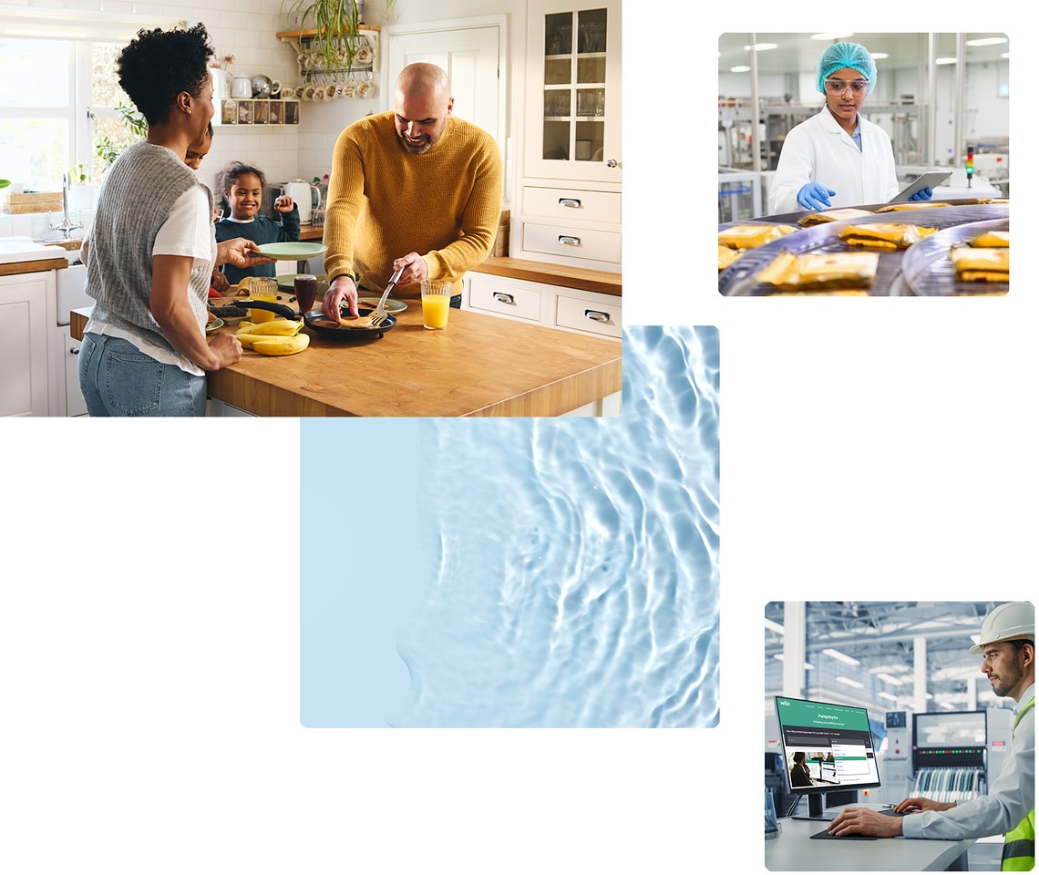 Darstellung der Lebensmittelindustrie und Wasserverteilung mit einer Familie, die gemeinsam Essen zubereitet – als Symbol für eine nachhaltige, sichere und ressourceneffiziente Produktion, ermöglicht durch Wilo-Technologie.
