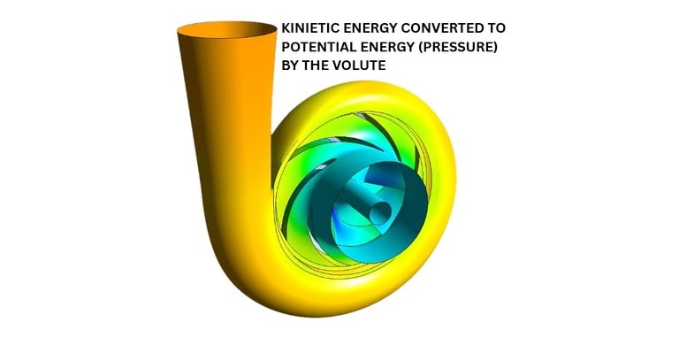 kinietic Energy converted to potential Energy (Pressure) by the volute